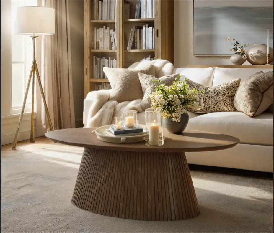 Mid-Century Modern oval coffee table in a designer living room with soft lighting