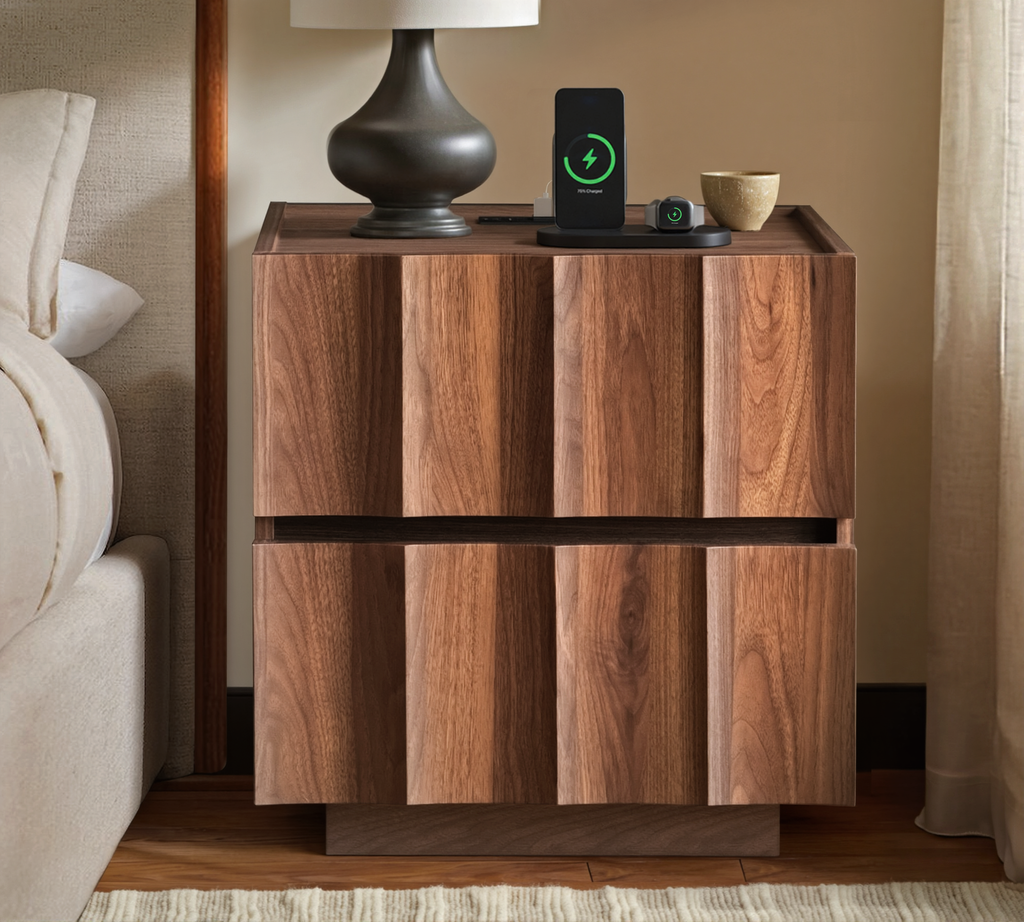 win2win Fluted Nightstand with Charging Station, Mid Century Modern Nightstand with Wave Design, Modern Bedside Table with Drawer Storage, Minimalist End Table for Bedroom Living Room, Walnut