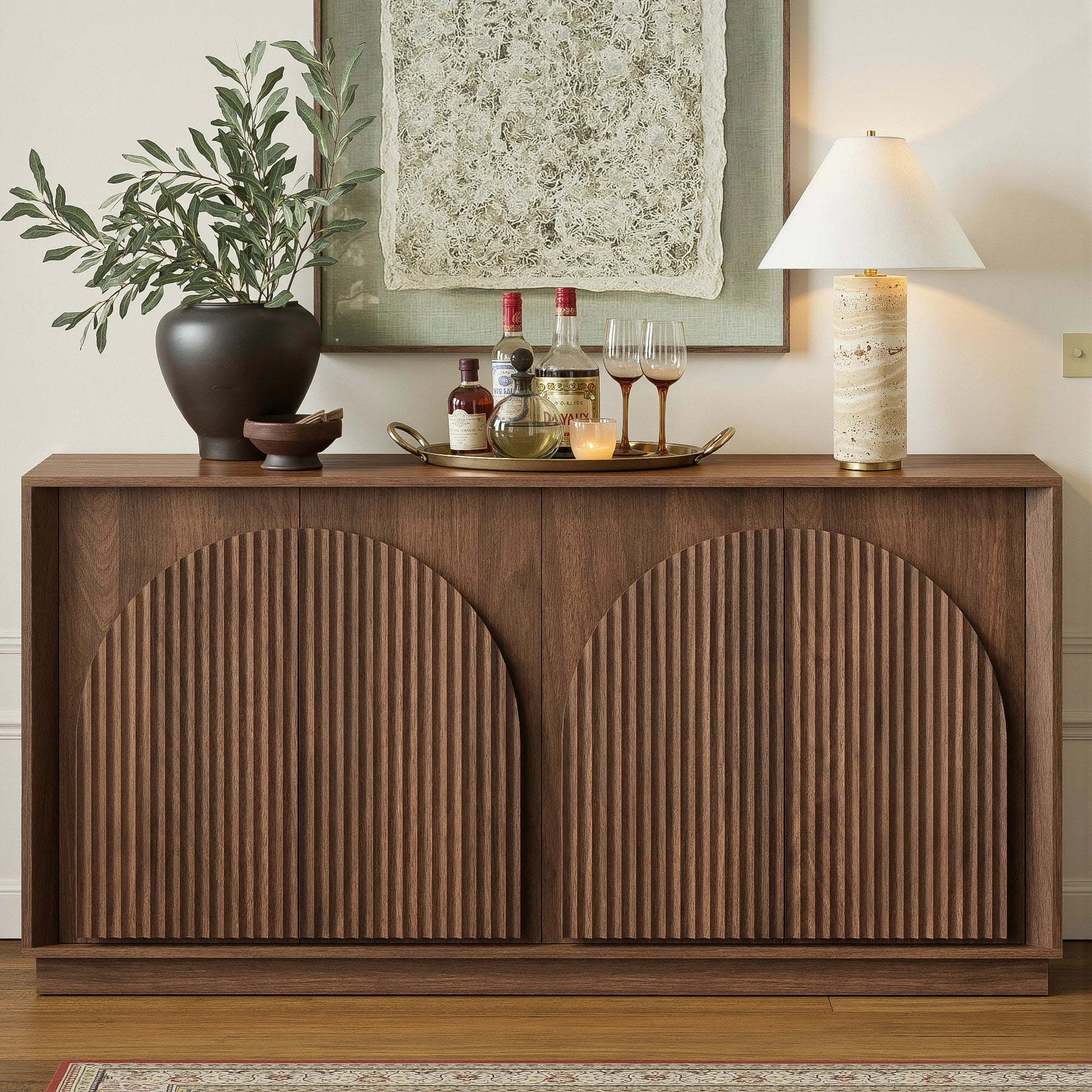 MIN FlU™Fluted 4-Door Buffet Cabinet  Walnut