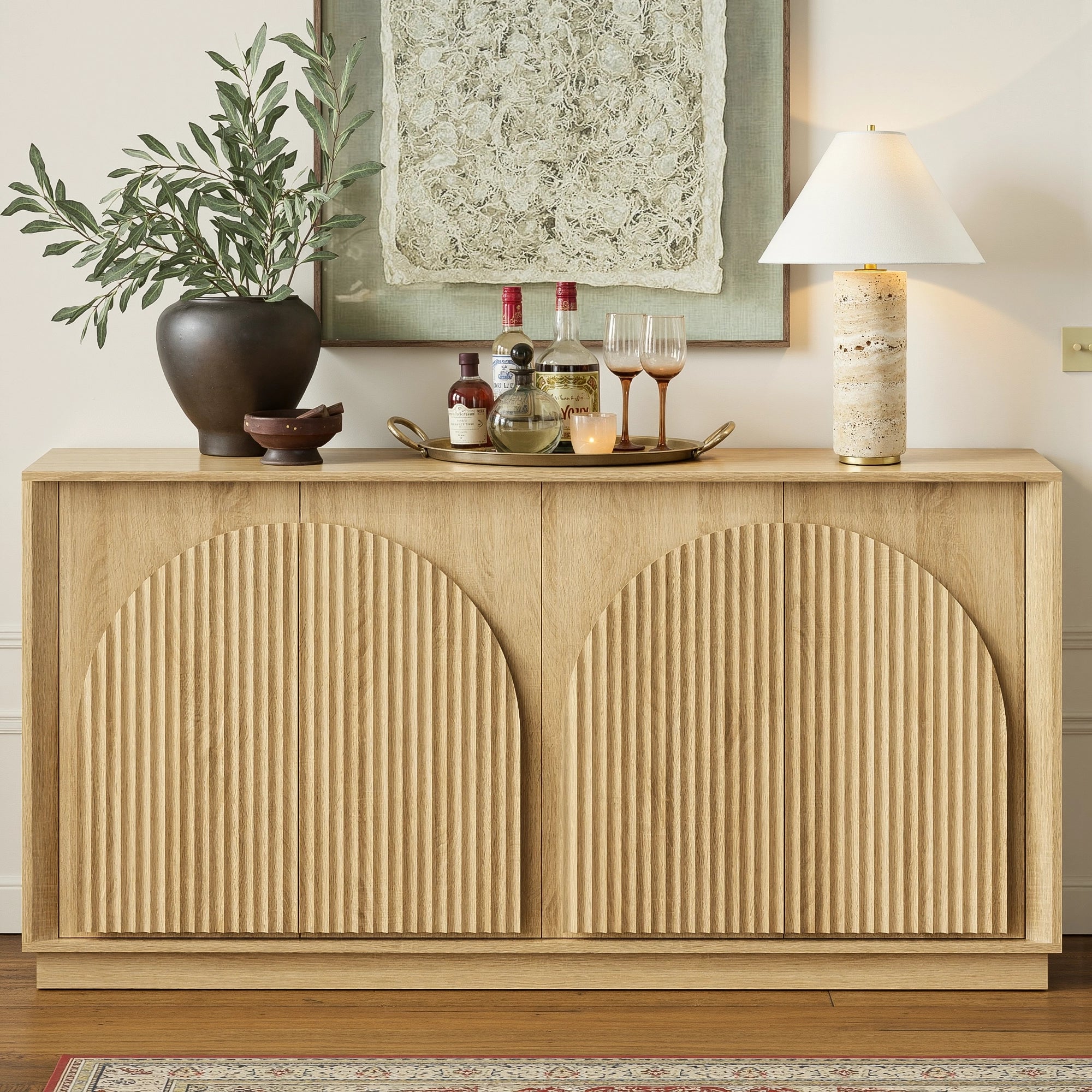 MIN FlU™Fluted 4-Door Buffet Cabinet  Oak