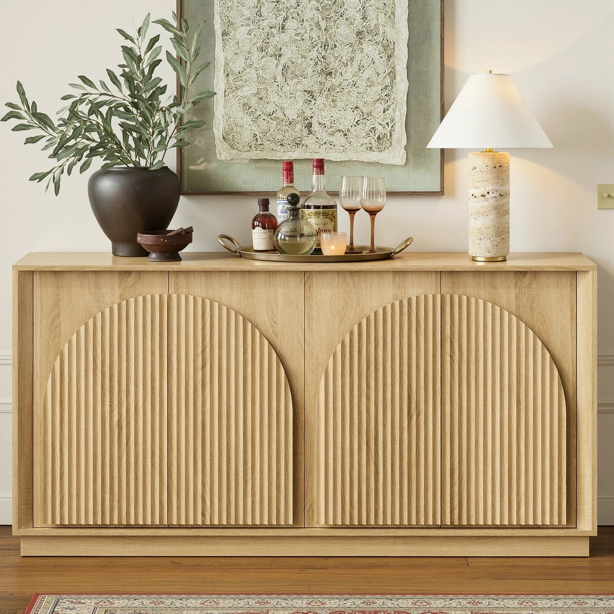 Fluted 4-Door Buffet Cabinet  Oak