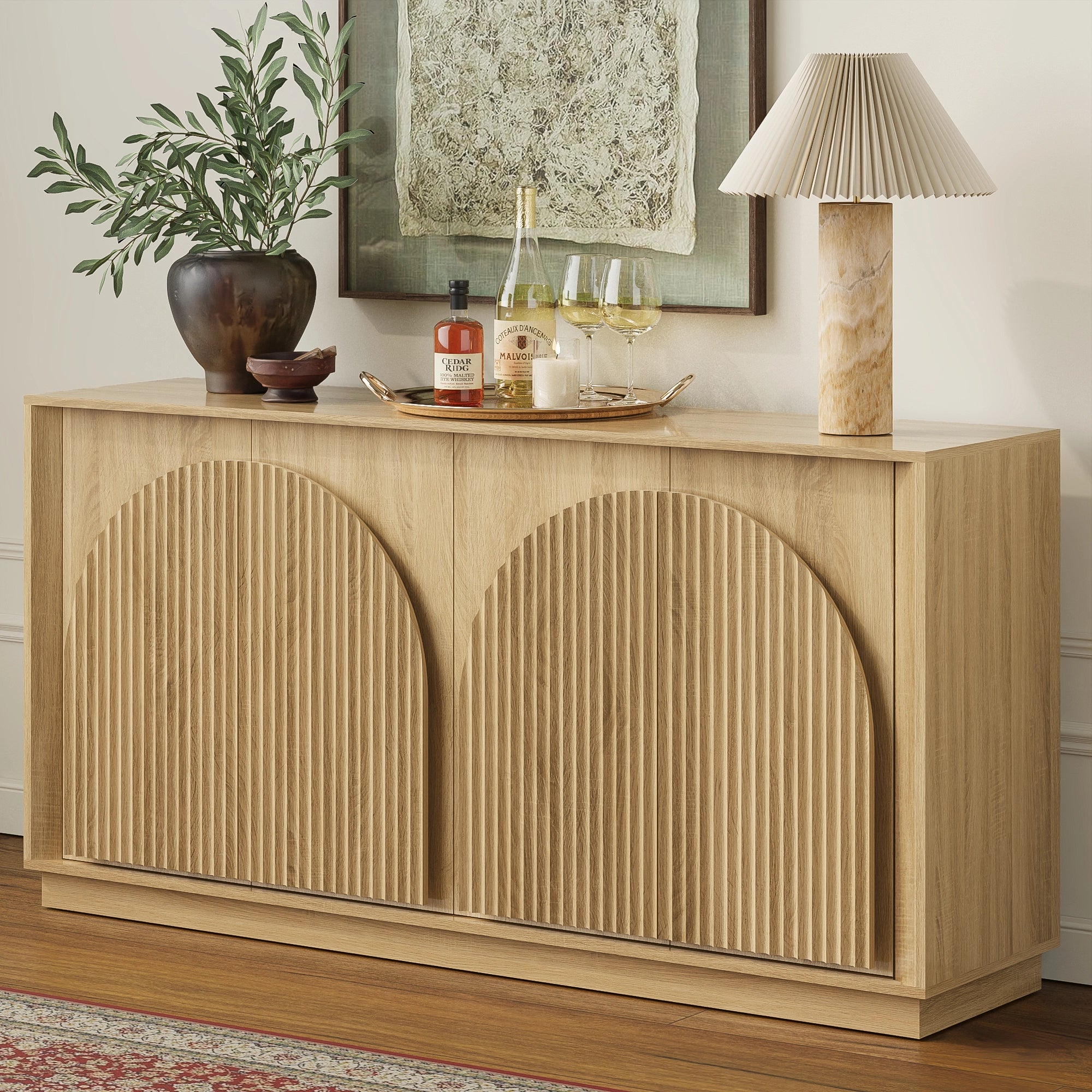 MIN FlU™Fluted 4-Door Buffet Cabinet  Oak
