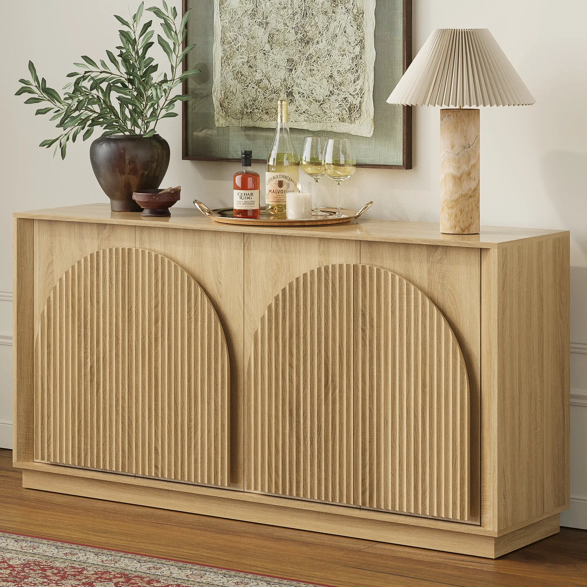 Win2Win Fluted 4-Door Sideboard Buffet Cabinet – 65" Oak win2win