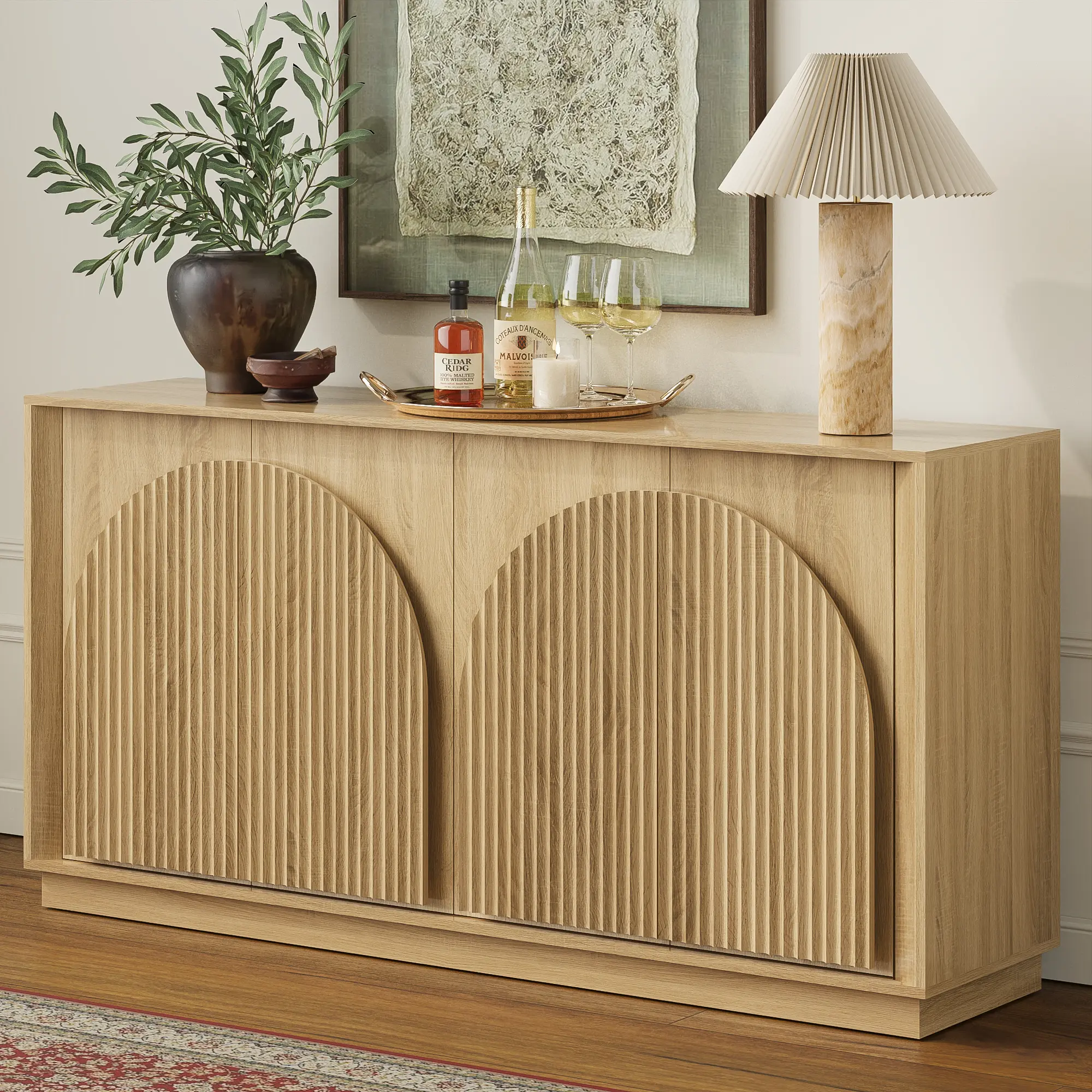 Win2Win Fluted 4-Door Sideboard Buffet Cabinet – 65" Oak win2win