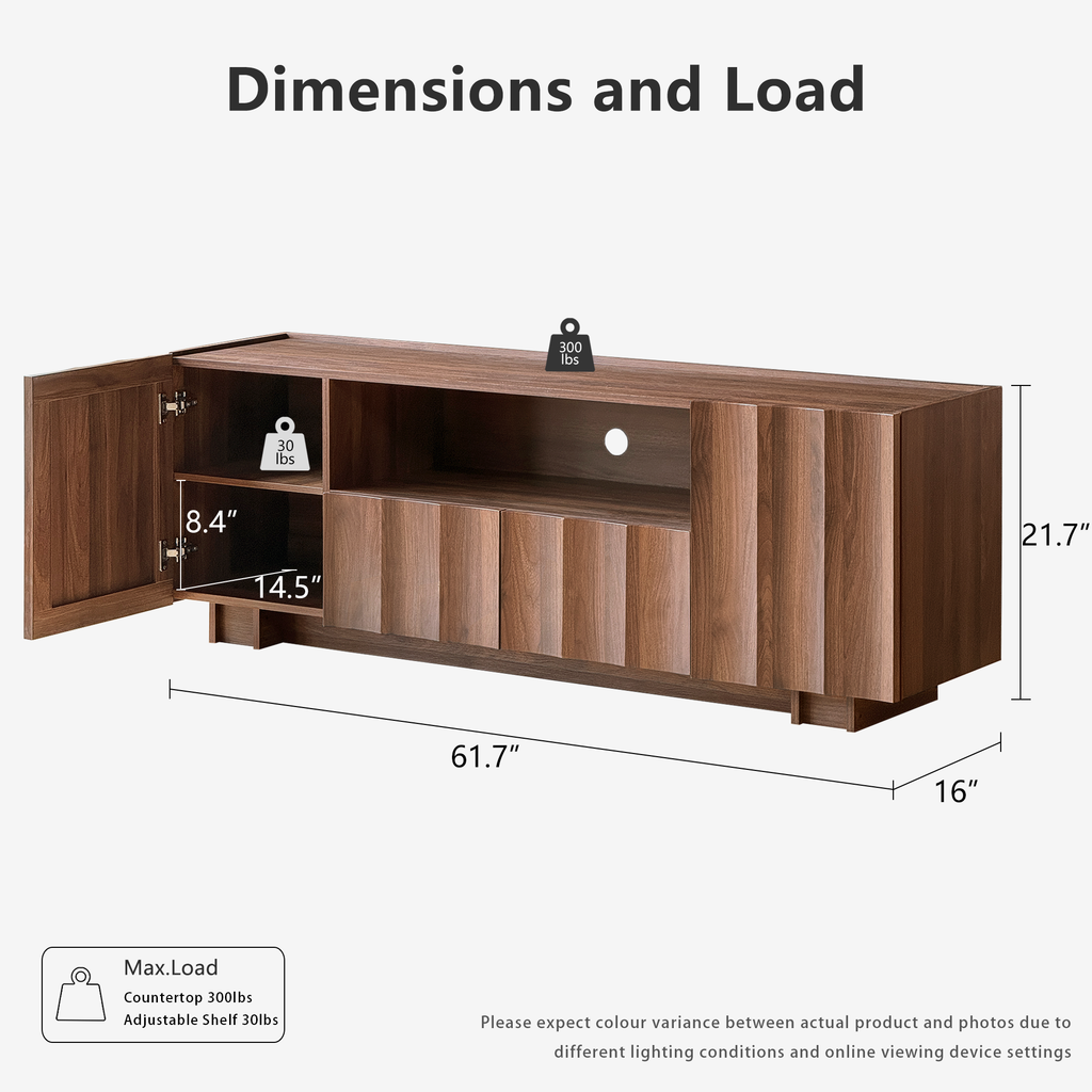win2win 61" TV Stand for 70 Inch TV, Mid Century Modern TV Stand with Wave Design, Wood Grain Finish, Media Console with Adjustable Shelves, Entertainment Center for Living Room Bedroom, Walnut