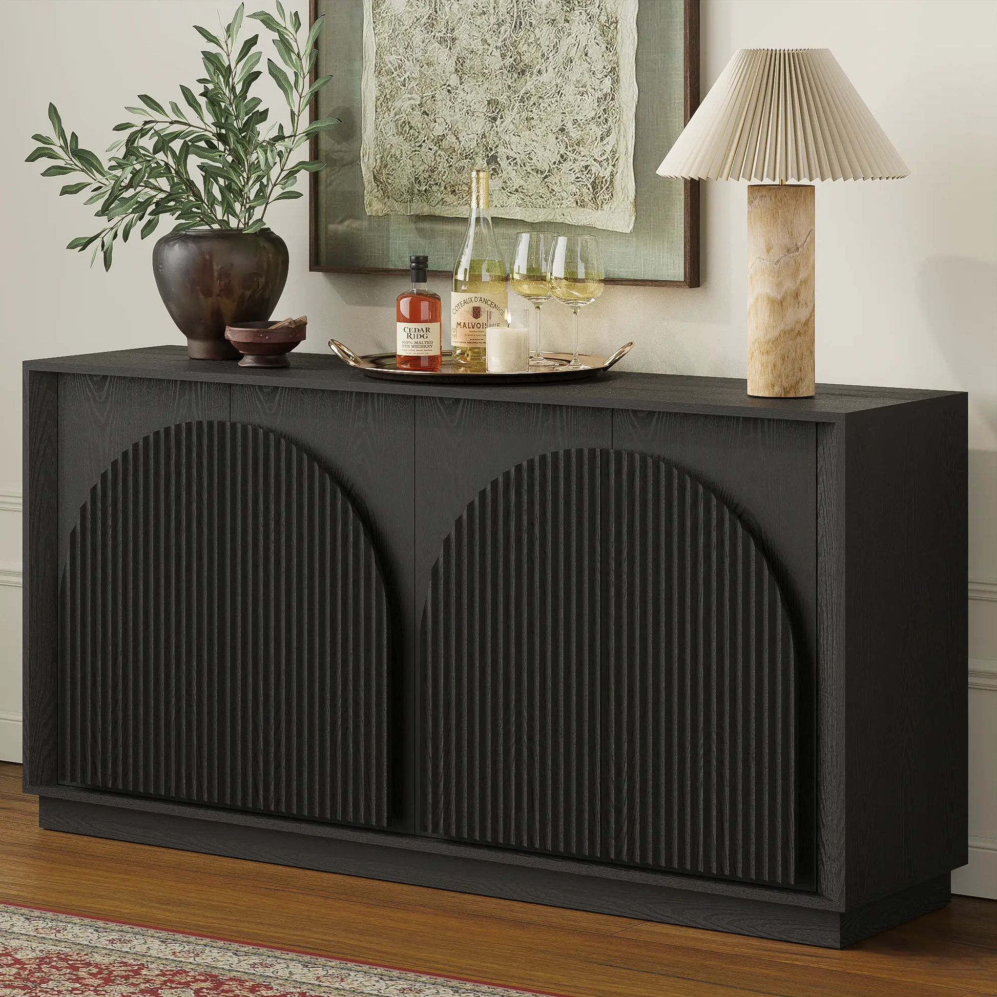Win2Win Fluted 4-Door Sideboard Buffet Cabinet – 65" Black win2win