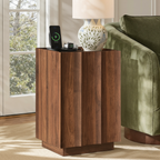 win2win Side Table with Charging Station, Mid Century Modern End Table with Wave Design, Wood Grain Finish, 15.4" Nightstand with Storage, Bedside Table for Bedroom Living Room, Walnut
