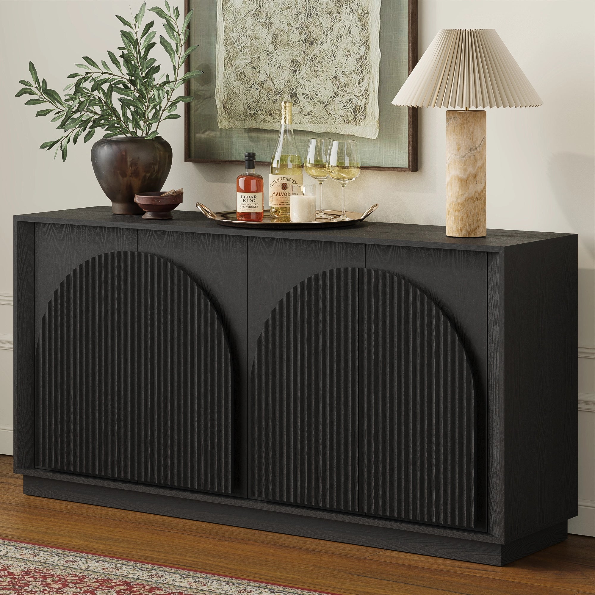 Win2Win Fluted 4-Door Sideboard Buffet Cabinet – 65" Black