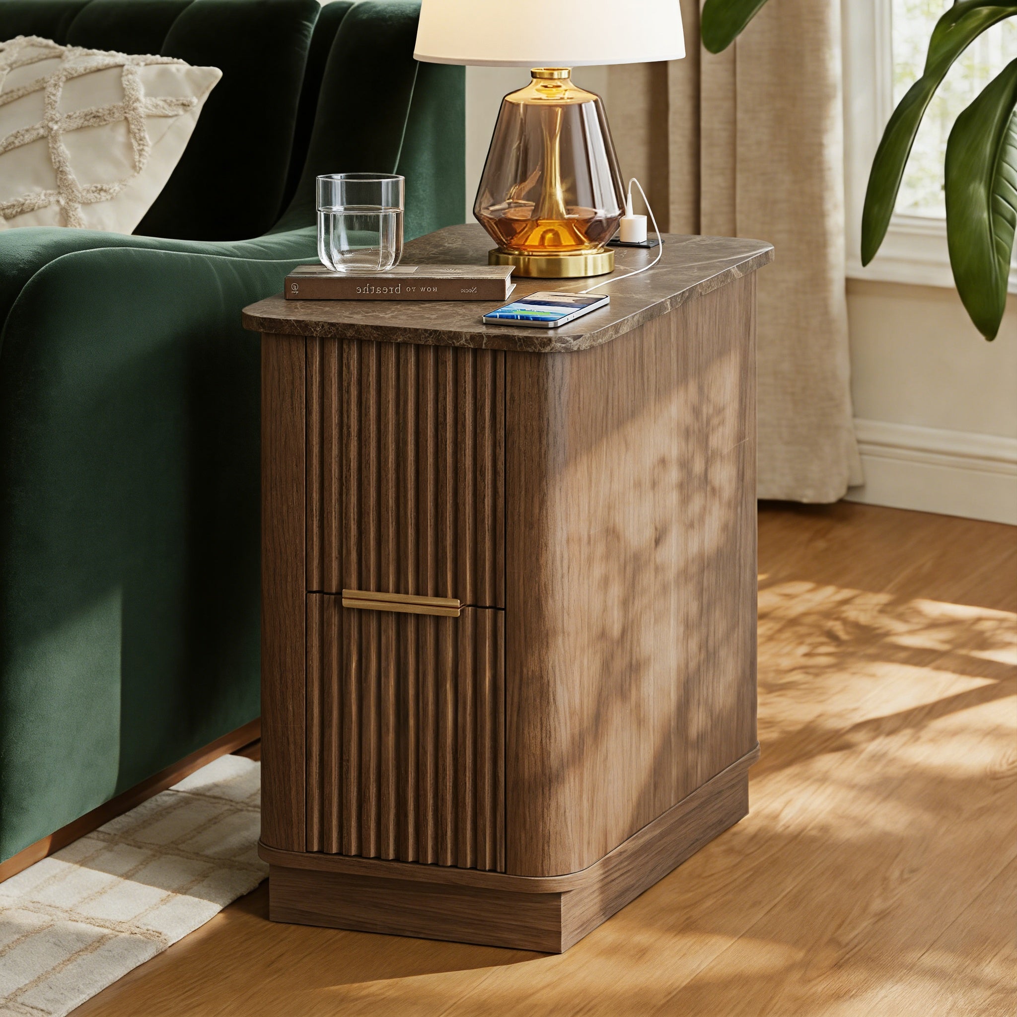 WIN2WIN Narrow End Table with Charging Station, Fluted Side Table with Faux Marble Top, Skinny Mid-Century Modern Nightstand, Small Bedside Table with Drawers & Storage for Living Room Bedroom, Walnut