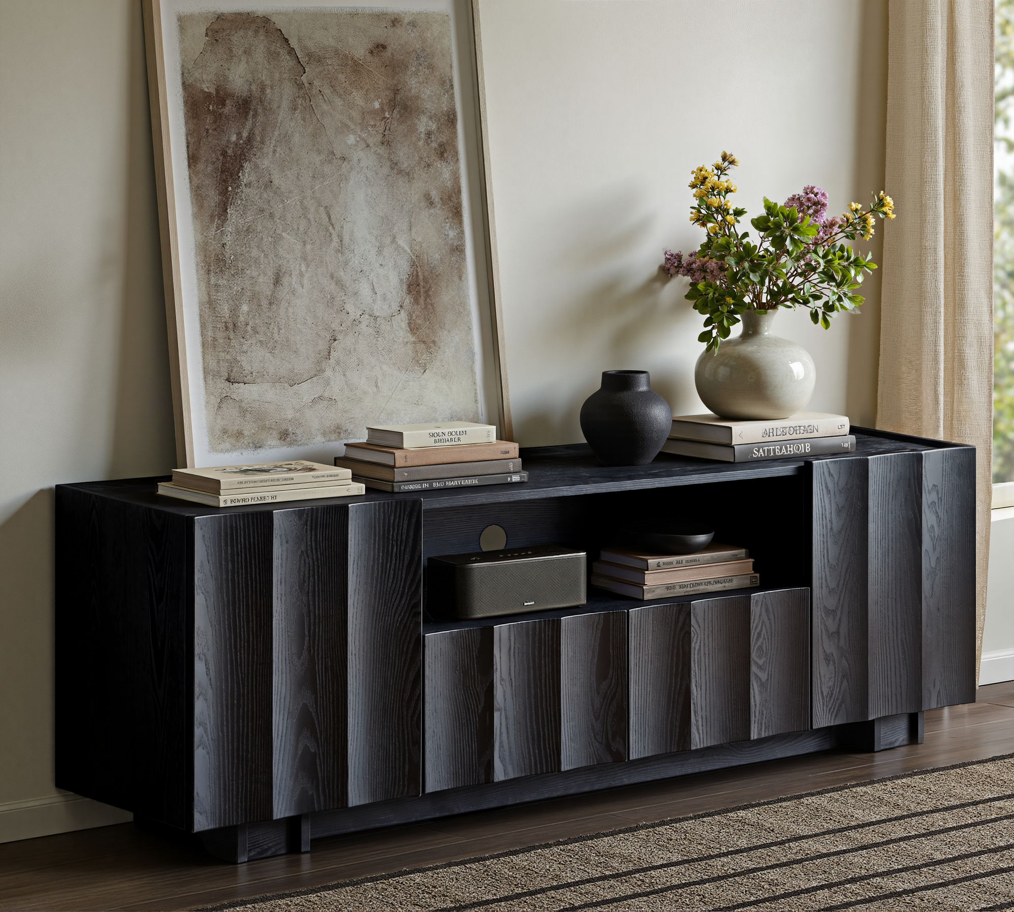 win2win 61" TV Stand for 70 Inch TV, Mid Century Modern TV Stand with Wave Design, Wood Grain Finish, Media Console with Adjustable Shelves, Entertainment Center for Living Room Bedroom, Black
