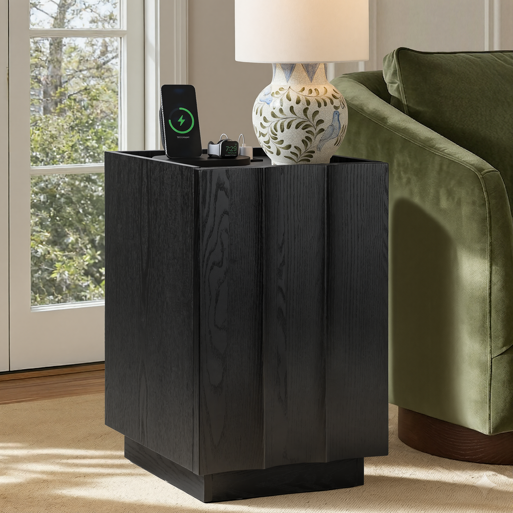 win2win Side Table with Charging Station, Modern Minimalist End Table with Wave Design, Wood Grain Finish, 15.4" Nightstand with Storage, Bedside Table for Bedroom Living Room, Black
