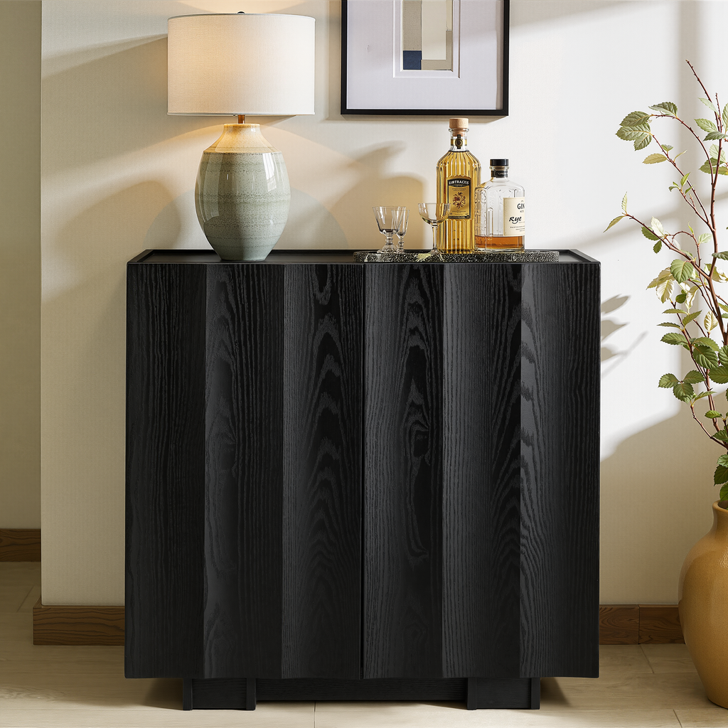win2win Buffet Cabinet with Storage, Mid Century Modern Sideboard with Wave Design, Wood Grain Finish, Credenza with Adjustable Shelves, Modular Accent Cabinets for Living Dining Room Hallway, Black