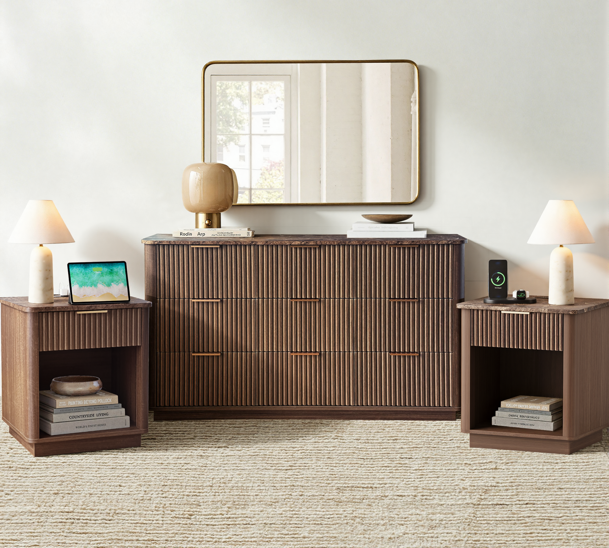MINORA™ Arco Fluted 9 dresser Bedroom Set – Walnut