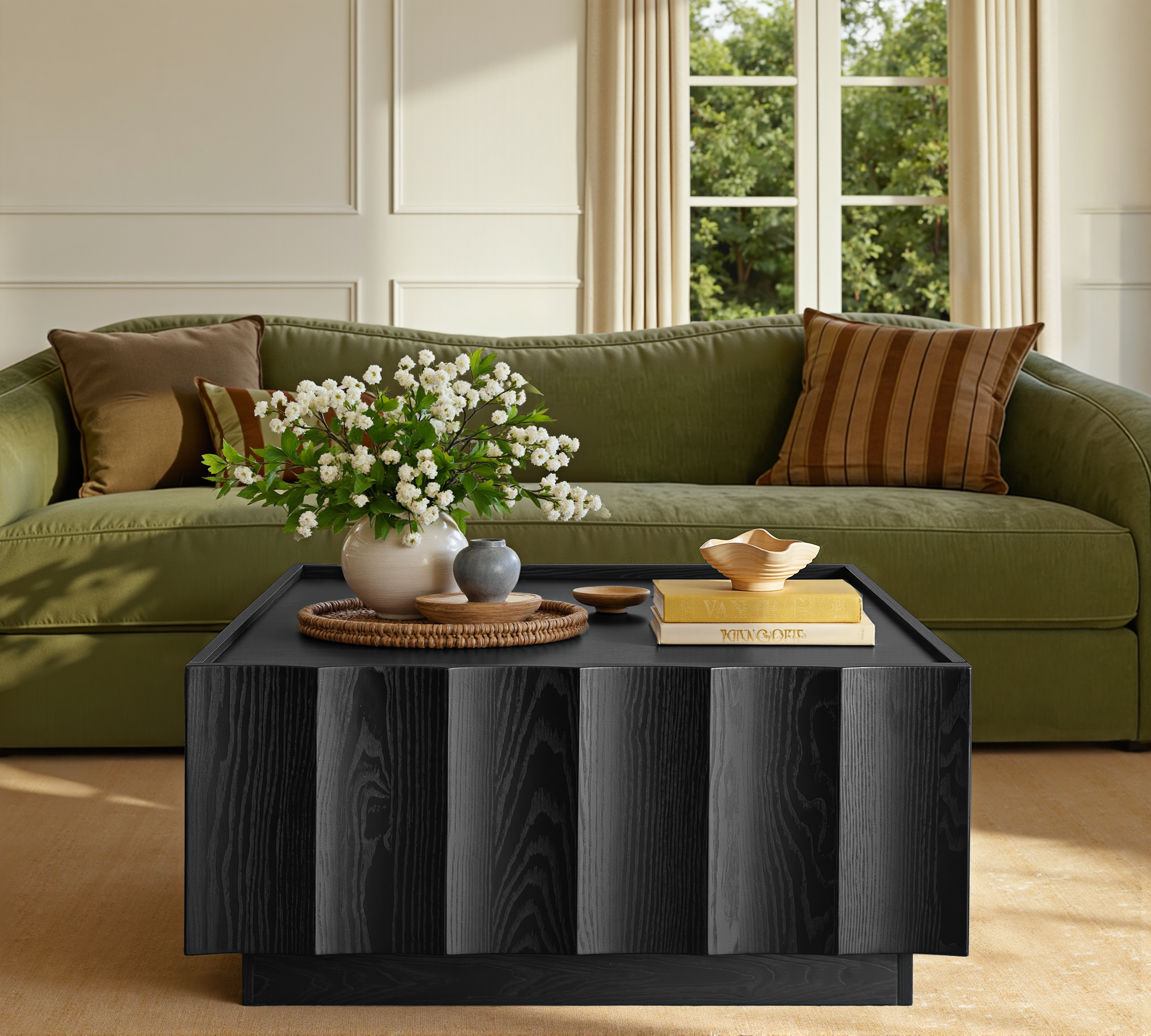 win2win Square Coffee Table with Storage, Mid Century Modern Coffee Table with Wave Design, Wood Grain Finish, Minimalist Center Table with Top-Edge Finger Pull Design for Living Room, Office, Black