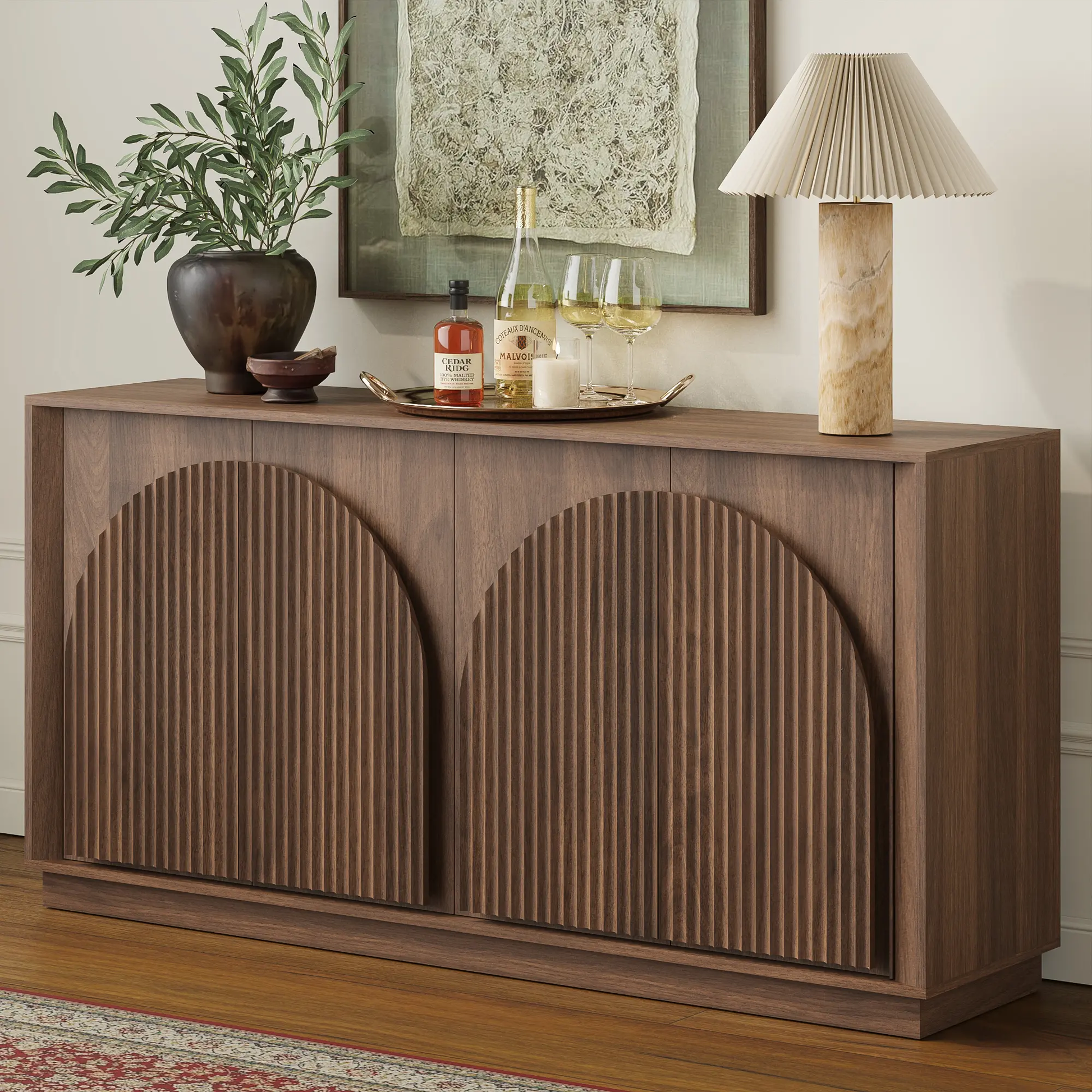 Win2Win Fluted 4-Door Sideboard Buffet Cabinet – 65" Walnut win2win