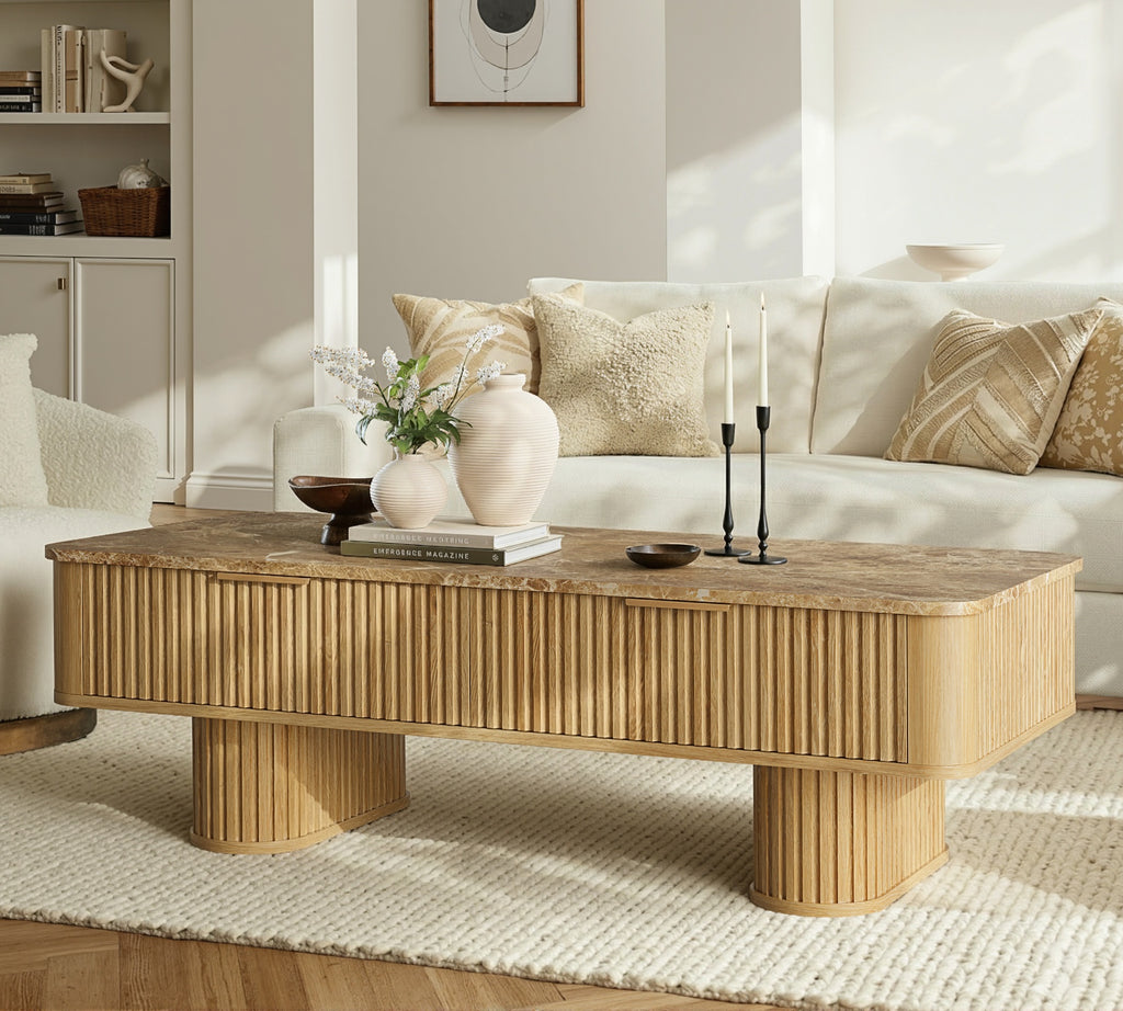 win2win Fluted Coffee Table with Storage, Boho Modern Coffee Table with Faux Marble Top, Minimalist Rectangle Center Table with Sculptural Pedestal Legs & Drawers for Living Room, Office, Oak