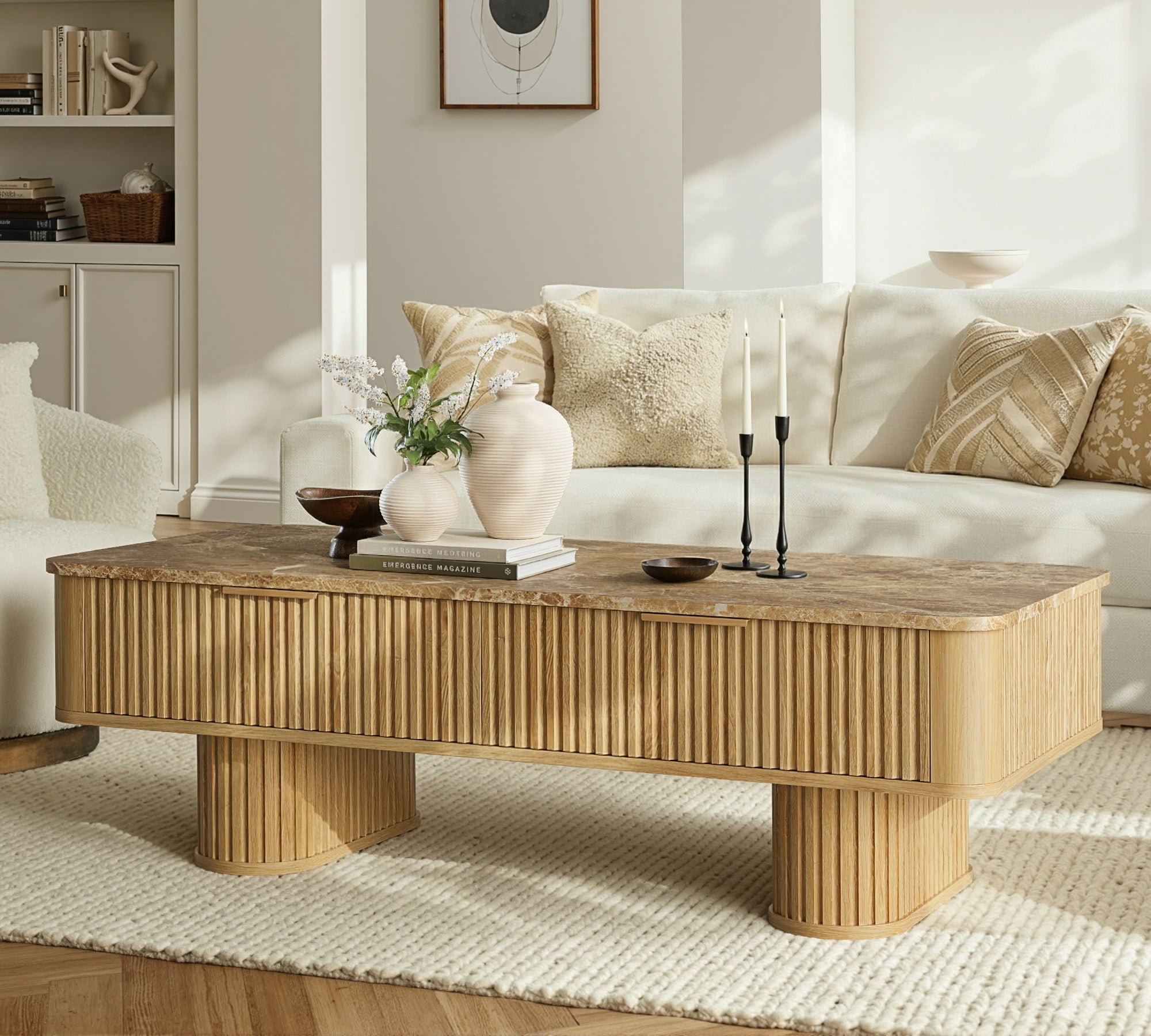 win2win Fluted Coffee Table with Storage, Boho Modern Coffee Table with Faux Marble Top, Minimalist Rectangle Center Table with Sculptural Pedestal Legs & Drawers for Living Room, Office, Oak