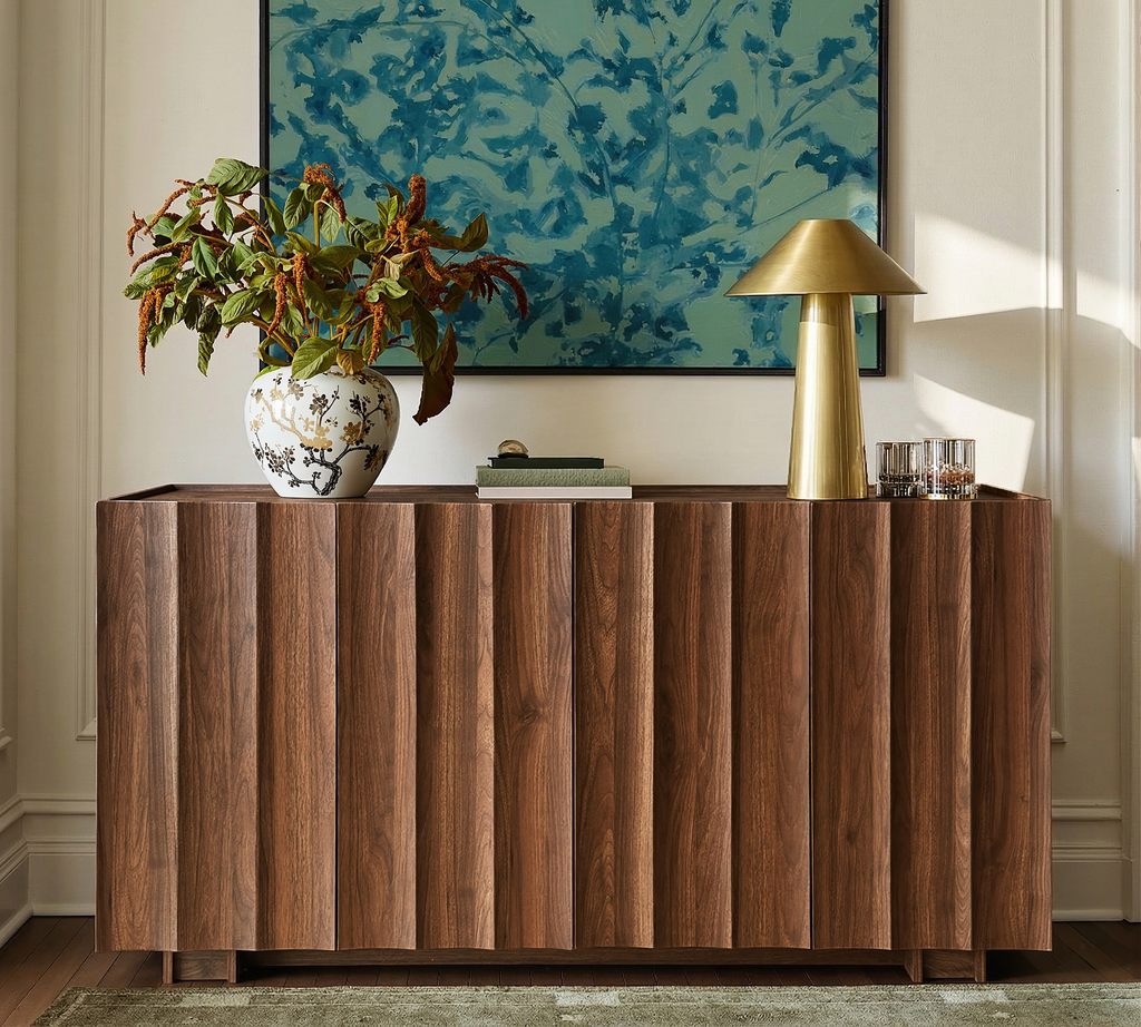 win2win 61.7" Buffet Cabinet with Storage, Mid Century Modern Sideboard with Wave Design, Wood Grain Finish, Credenza with Adjustable Shelves, Modular Cabinets for Living Dining Room Hallway, Walnut