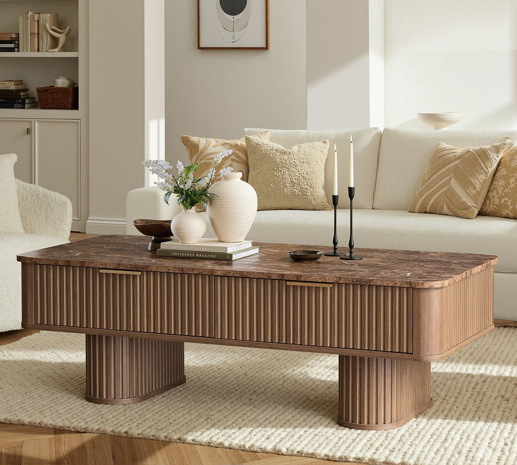 Win2win Fluted Coffee Table with Storage, Mid Century Modern Coffee Table with Faux Marble Top, Minimalist Rectangle Center Table with Sculptural Pedestal Legs & Drawers for Living Room/Office, Walnut Visit the win2win Store