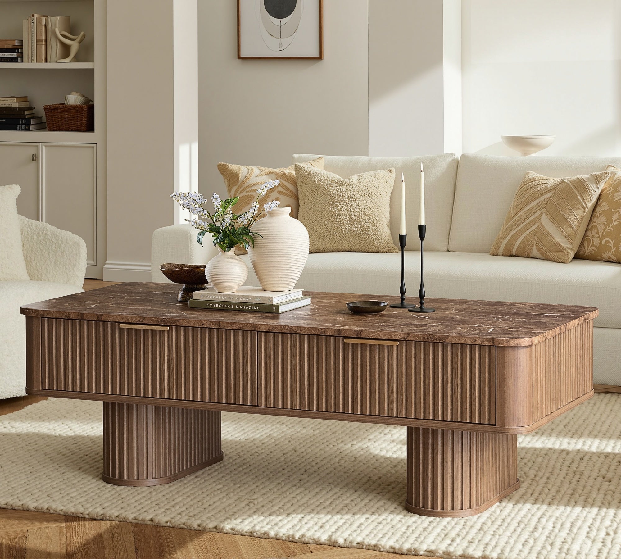Win2win Fluted Coffee Table with Storage, Mid Century Modern Coffee Table with Faux Marble Top, Minimalist Rectangle Center Table with Sculptural Pedestal Legs & Drawers for Living Room/Office, Walnut Visit the win2win Store