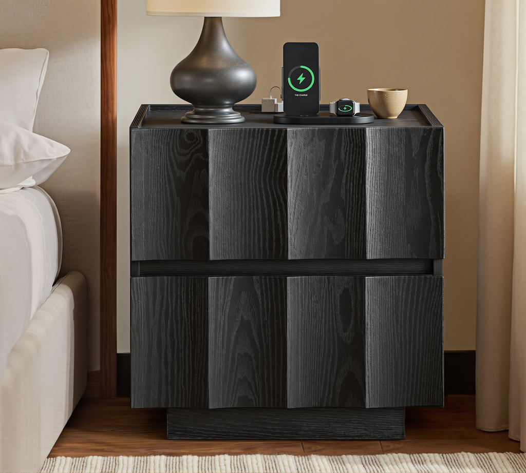 win2win Fluted Nightstand with Charging Station, Mid Century Modern Nightstand with Wave Design, Modern Bedside Table with Drawer Storage, Minimalist End Table for Bedroom Living Room, Blcak