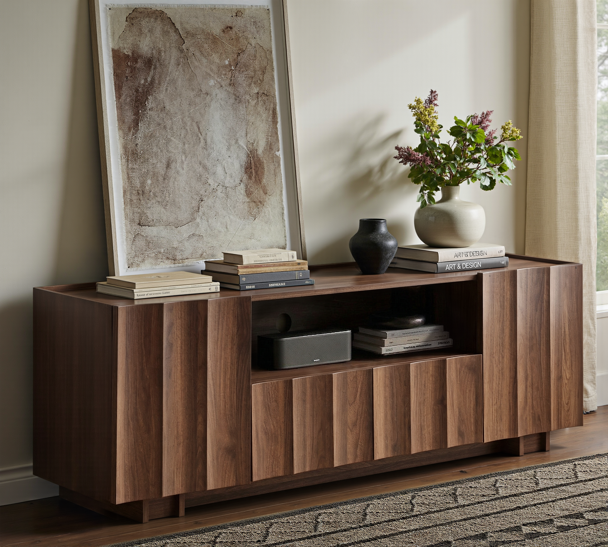 win2win 61" TV Stand for 70 Inch TV, Mid Century Modern TV Stand with Wave Design, Wood Grain Finish, Media Console with Adjustable Shelves, Entertainment Center for Living Room Bedroom, Walnut
