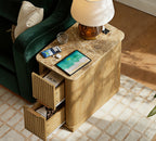 win2win Narrow End Table with Charging Station, Fluted Side Table with Faux Marble Top, Skinny Modern Boho Nightstand, Slim End Table with Drawers & Storage for Living Room, Bedroom, Oak
