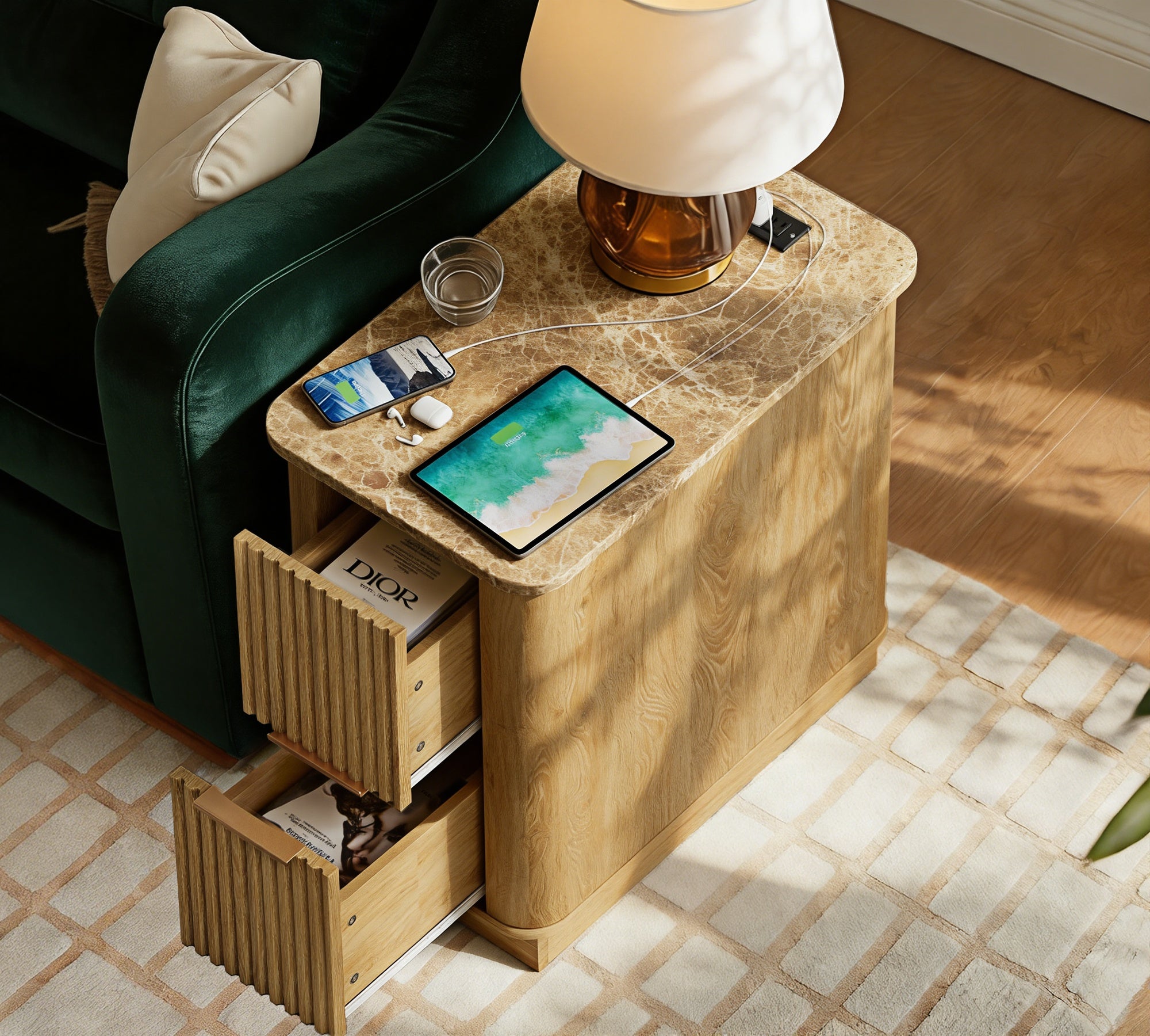 win2win Narrow End Table with Charging Station, Fluted Side Table with Faux Marble Top, Skinny Modern Boho Nightstand, Slim End Table with Drawers & Storage for Living Room, Bedroom, Oak