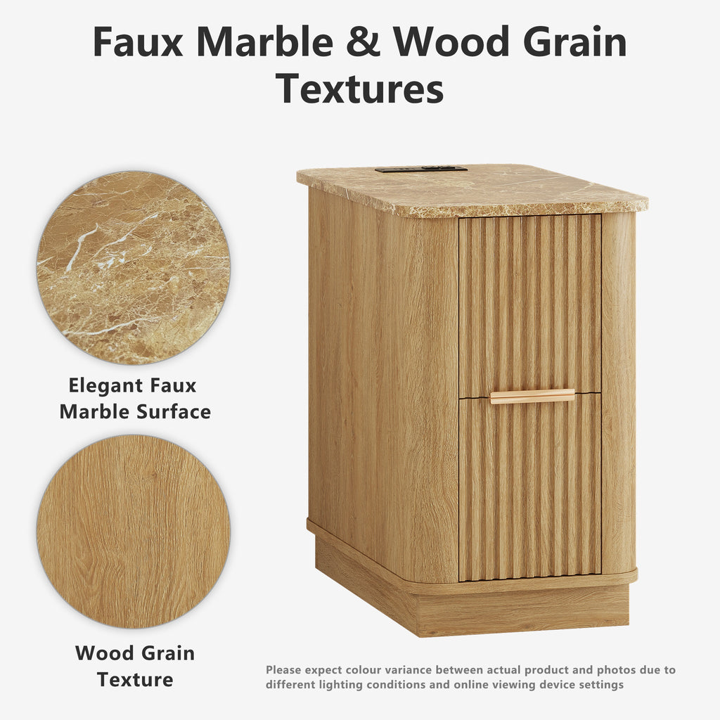 win2win Narrow End Table with Charging Station, Fluted Side Table with Faux Marble Top, Skinny Modern Boho Nightstand, Slim End Table with Drawers & Storage for Living Room, Bedroom, Oak