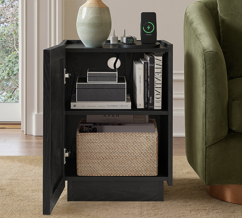 win2win Side Table with Charging Station, Modern Minimalist End Table with Wave Design, Wood Grain Finish, 15.4" Nightstand with Storage, Bedside Table for Bedroom Living Room, Black
