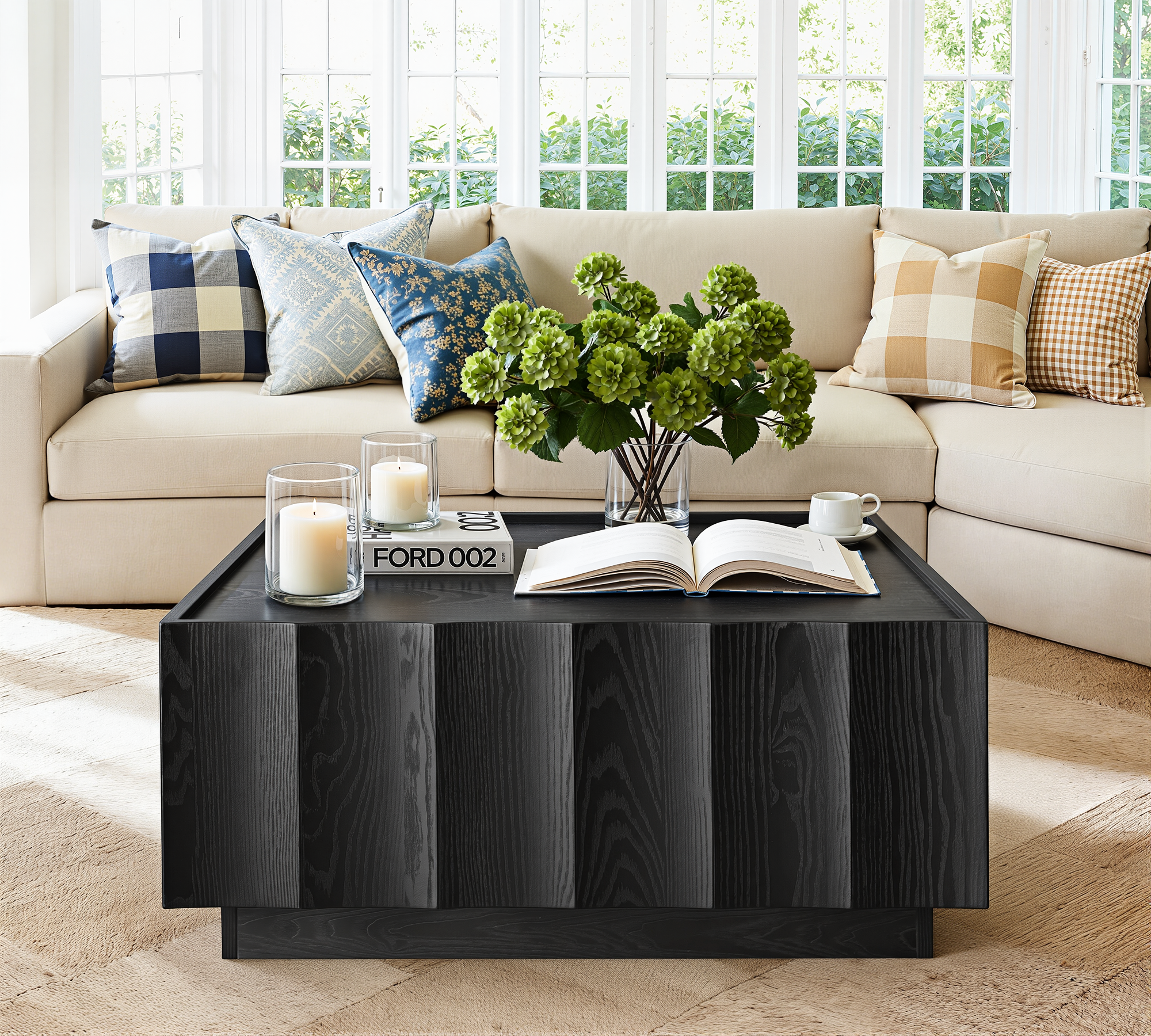 win2win Square Coffee Table with Storage, Mid Century Modern Coffee Table with Wave Design, Wood Grain Finish, Minimalist Center Table with Top-Edge Finger Pull Design for Living Room, Office, Black