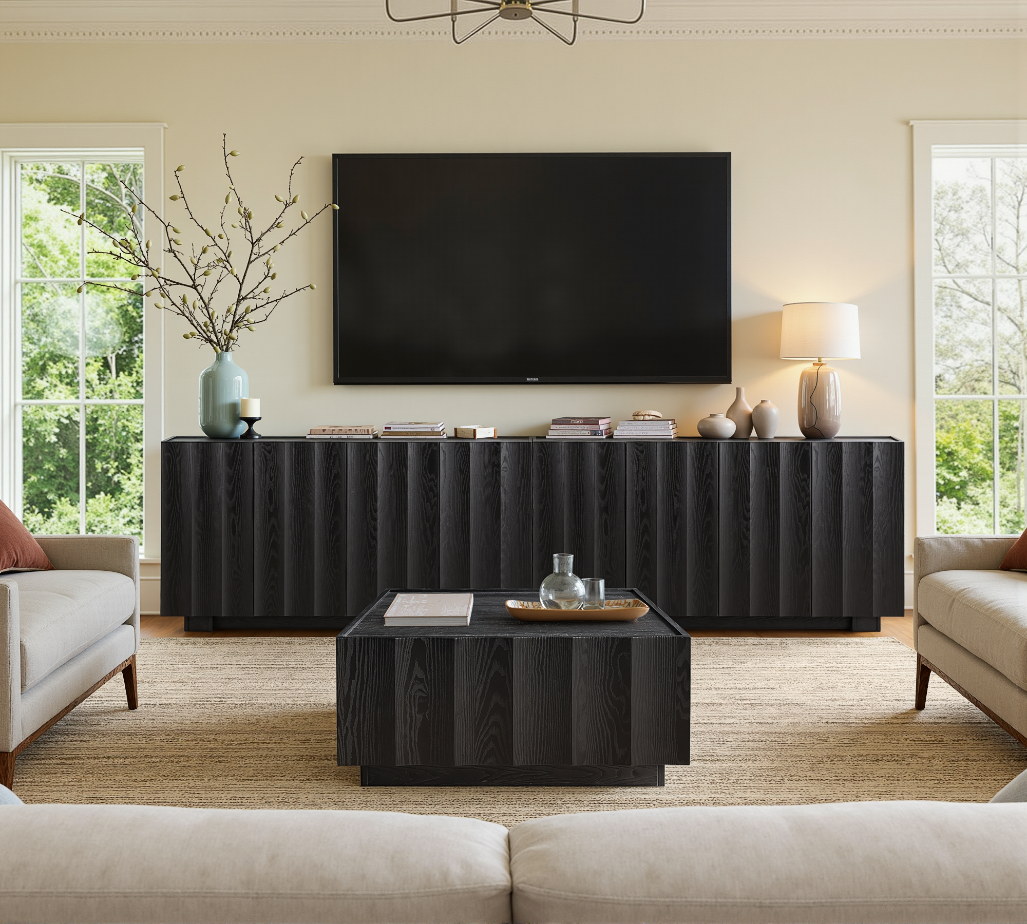 win2win Buffet Cabinet with Storage, Mid Century Modern Sideboard with Wave Design, Wood Grain Finish, Credenza with Adjustable Shelves, Modular Cabinets for Living Dining Room Hallway, Black