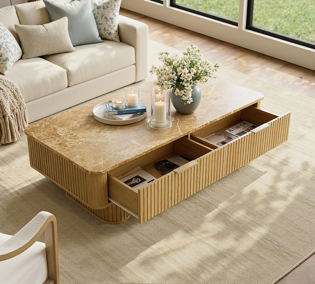 win2win Fluted Coffee Table with Storage, Boho Modern Coffee Table with Faux Marble Top, Minimalist Rectangle Center Table with Sculptural Pedestal Legs & Drawers for Living Room, Office, Oak