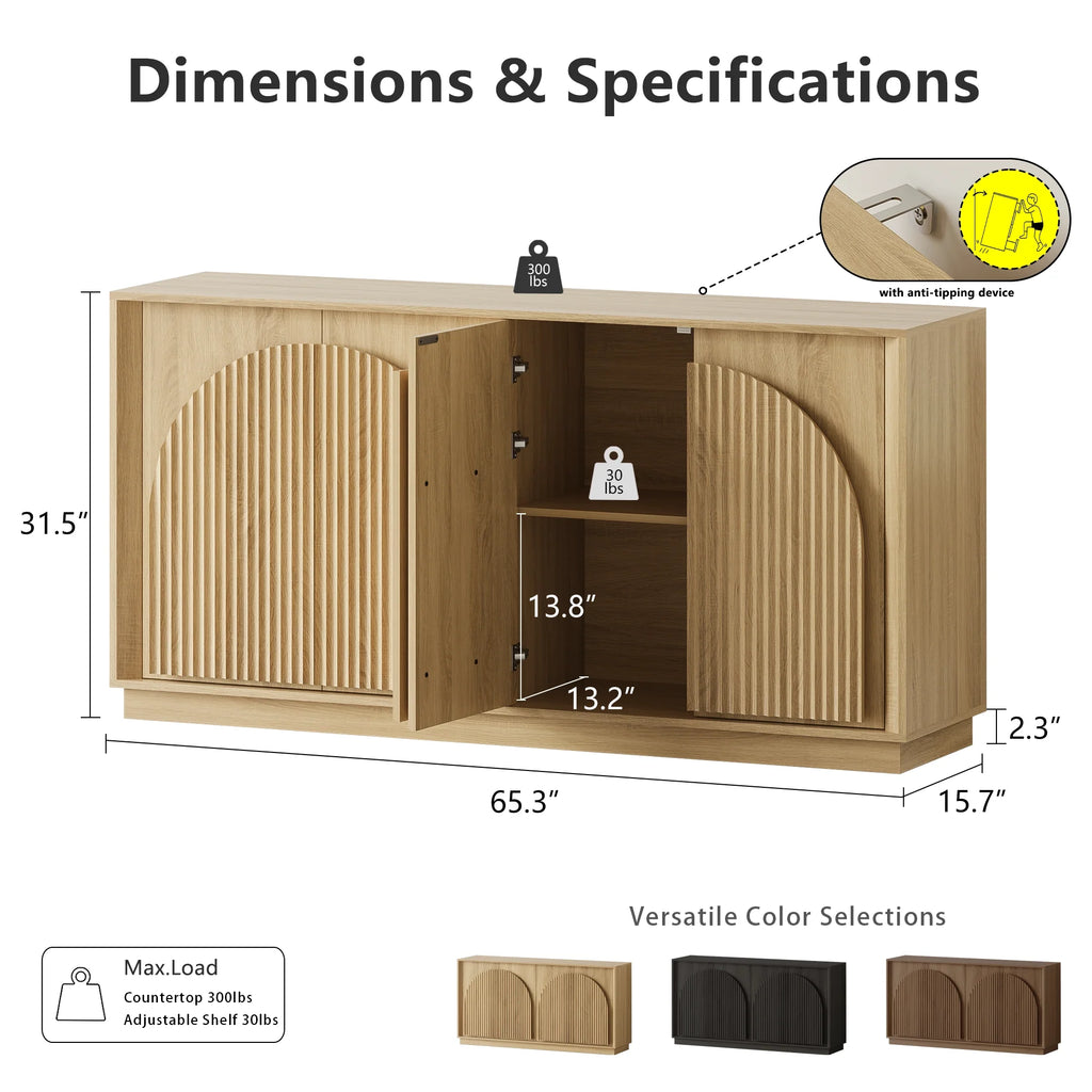 Fluted 4-Door Buffet Cabinet  Oak