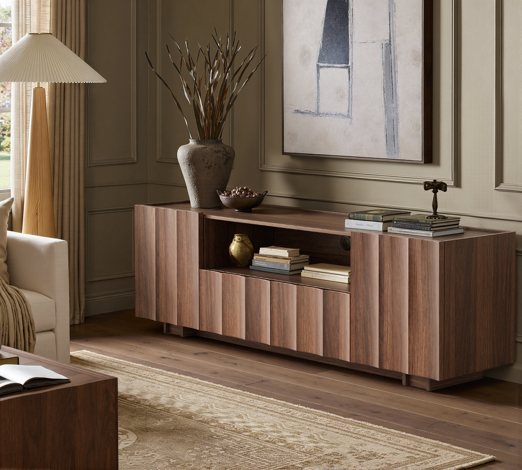 win2win 61" TV Stand for 70 Inch TV, Mid Century Modern TV Stand with Wave Design, Wood Grain Finish, Media Console with Adjustable Shelves, Entertainment Center for Living Room Bedroom, Walnut