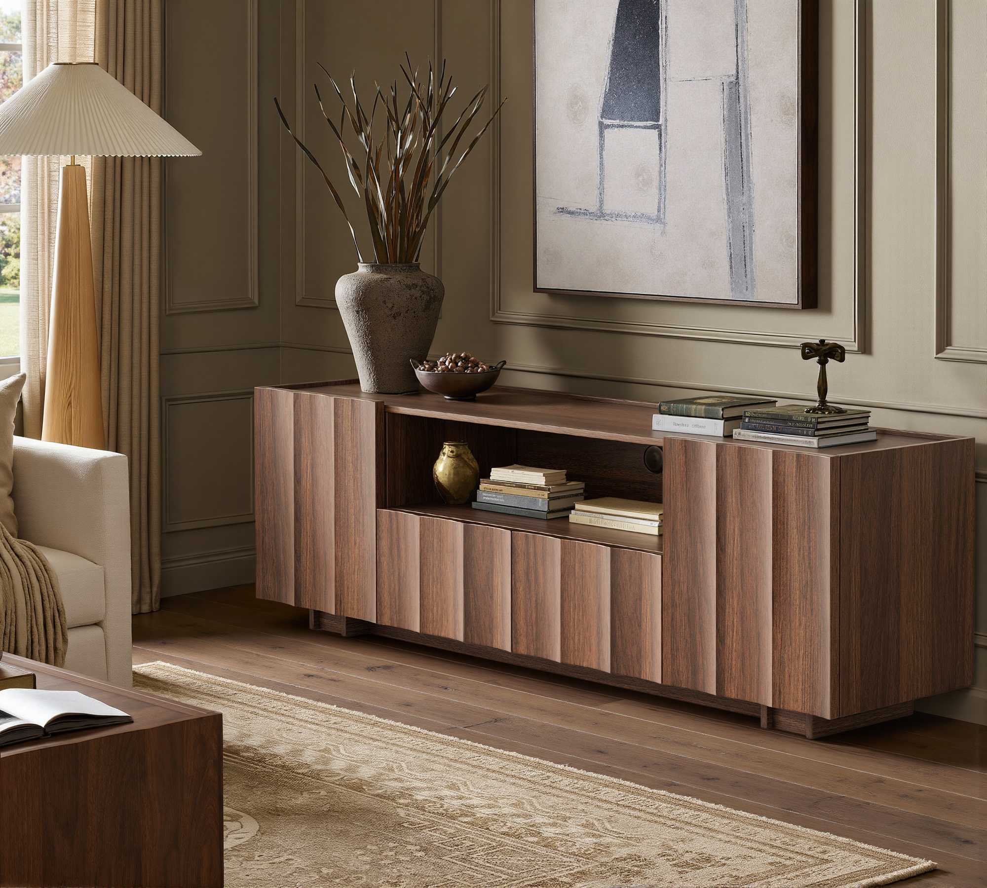 win2win 61" TV Stand for 70 Inch TV, Mid Century Modern TV Stand with Wave Design, Wood Grain Finish, Media Console with Adjustable Shelves, Entertainment Center for Living Room Bedroom, Walnut