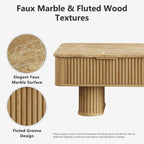 win2win Fluted Coffee Table with Storage, Boho Modern Coffee Table with Faux Marble Top, Minimalist Rectangle Center Table with Sculptural Pedestal Legs & Drawers for Living Room, Office, Oak