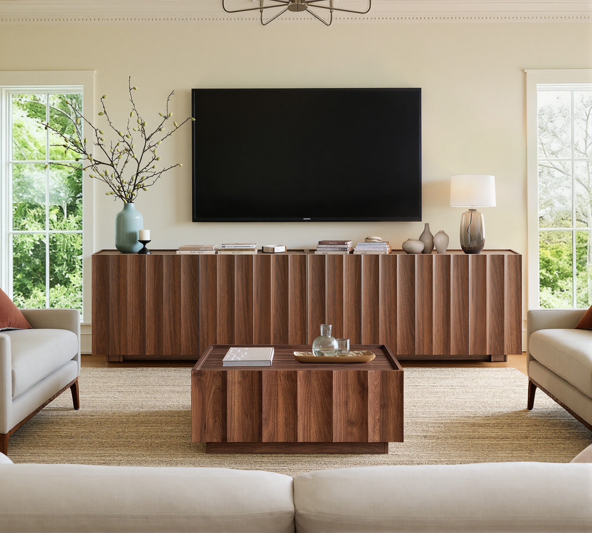 win2win 61.7" Buffet Cabinet with Storage, Mid Century Modern Sideboard with Wave Design, Wood Grain Finish, Credenza with Adjustable Shelves, Modular Cabinets for Living Dining Room Hallway, Walnut