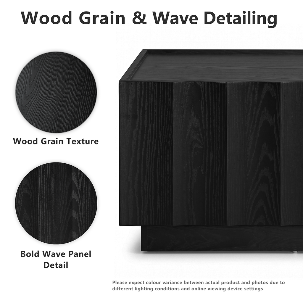 win2win Square Coffee Table with Storage, Mid Century Modern Coffee Table with Wave Design, Wood Grain Finish, Minimalist Center Table with Top-Edge Finger Pull Design for Living Room, Office, Black