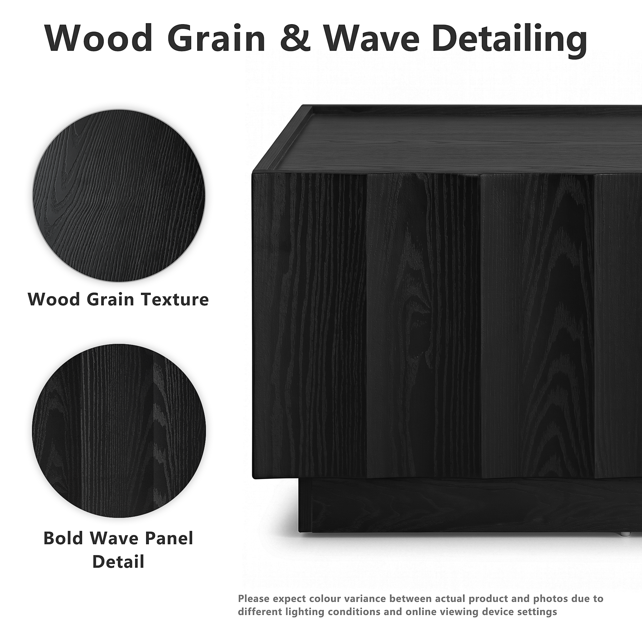 win2win Square Coffee Table with Storage, Mid Century Modern Coffee Table with Wave Design, Wood Grain Finish, Minimalist Center Table with Top-Edge Finger Pull Design for Living Room, Office, Black