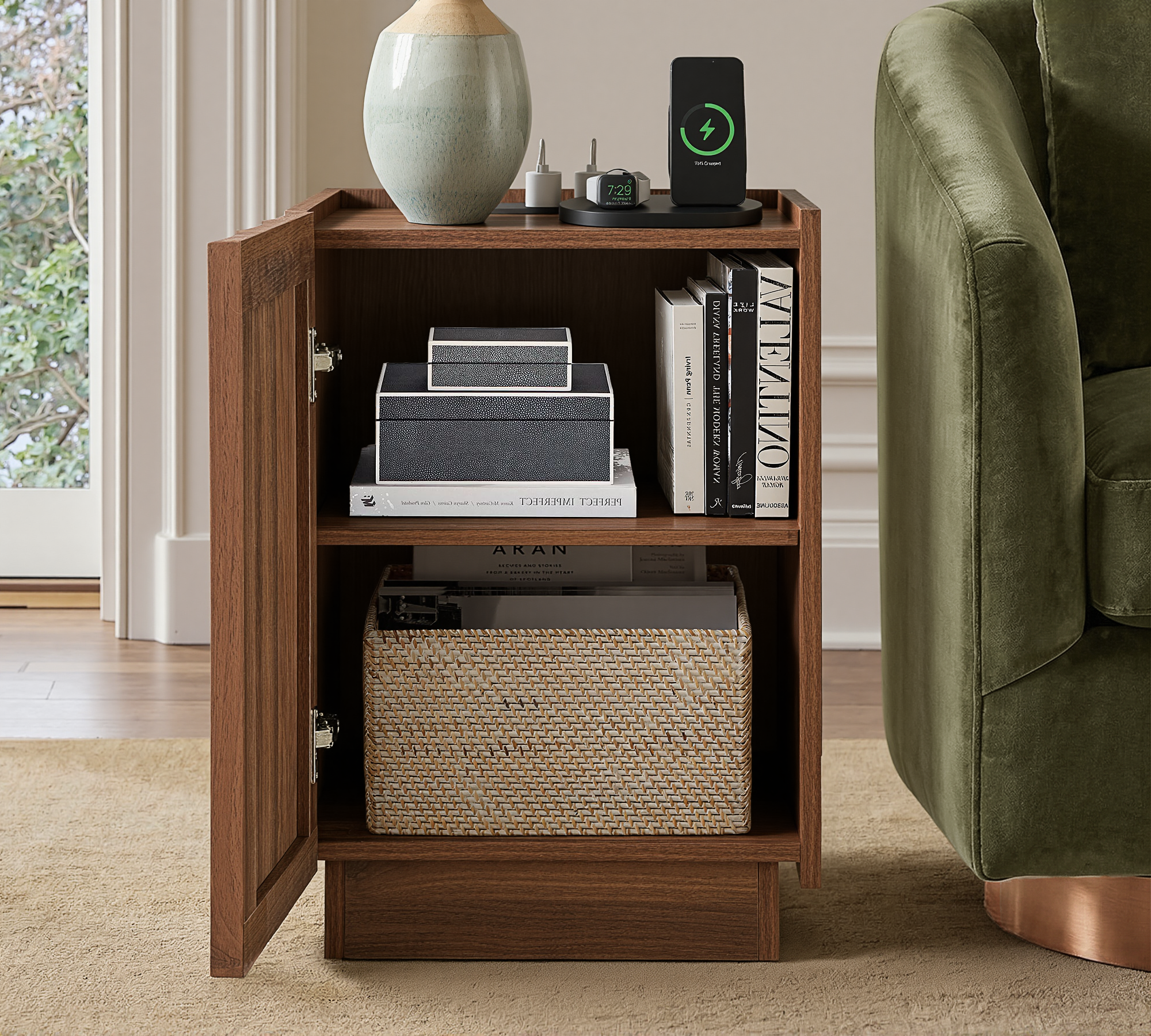 win2win Side Table with Charging Station, Mid Century Modern End Table with Wave Design, Wood Grain Finish, 15.4" Nightstand with Storage, Bedside Table for Bedroom Living Room, Walnut