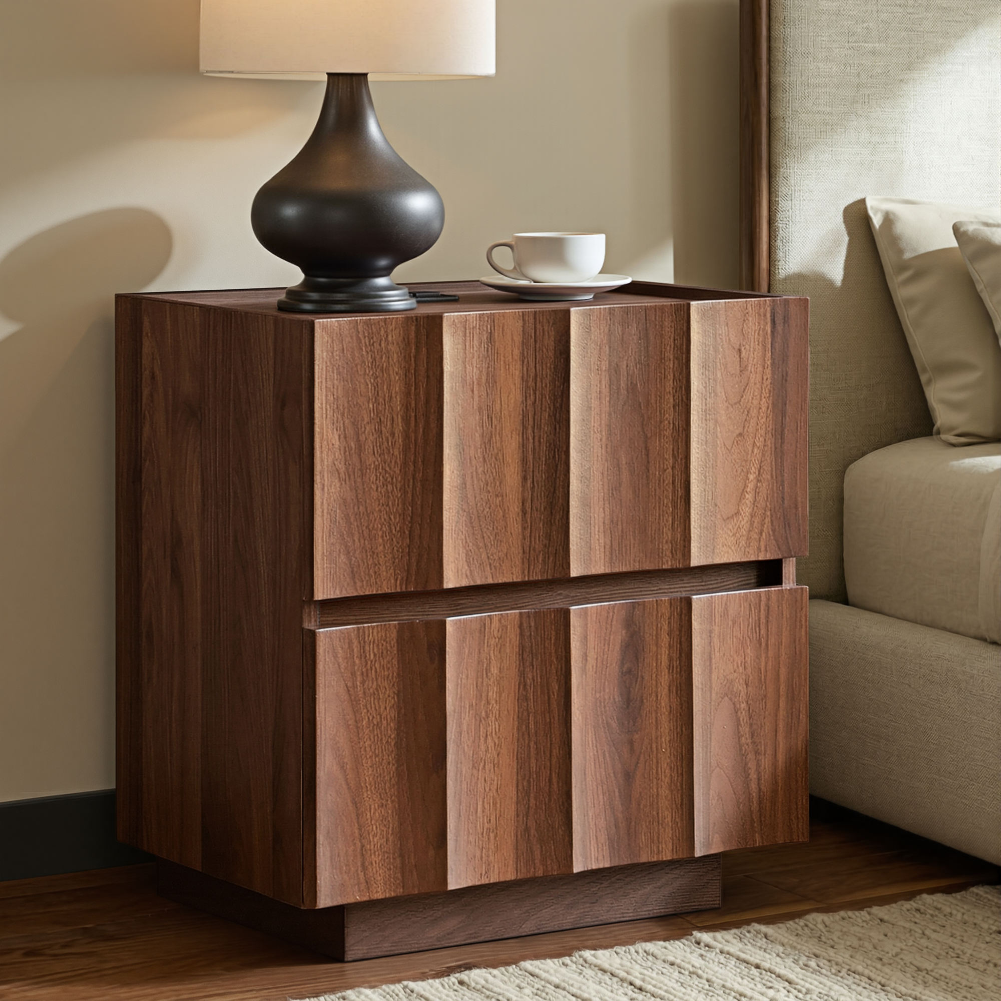 win2win Fluted Nightstand with Charging Station, Mid Century Modern Nightstand with Wave Design, Modern Bedside Table with Drawer Storage, Minimalist End Table for Bedroom Living Room, Walnut