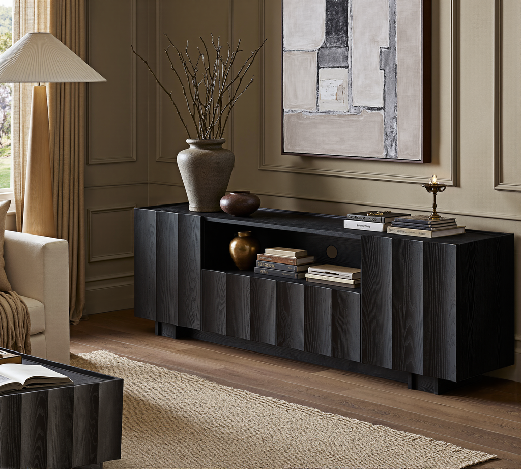 win2win 61" TV Stand for 70 Inch TV, Mid Century Modern TV Stand with Wave Design, Wood Grain Finish, Media Console with Adjustable Shelves, Entertainment Center for Living Room Bedroom, Black