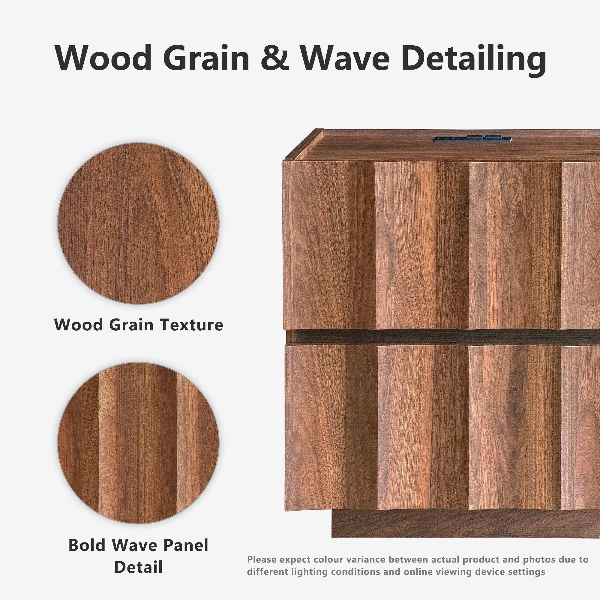 win2win Fluted Nightstand with Charging Station, Mid Century Modern Nightstand with Wave Design, Modern Bedside Table with Drawer Storage, Minimalist End Table for Bedroom Living Room, Walnut