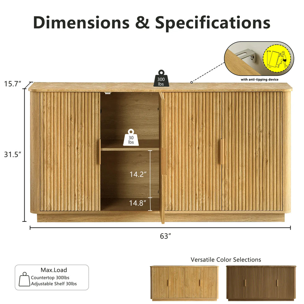 Fluted 4-Door Sideboard – Golden Oak