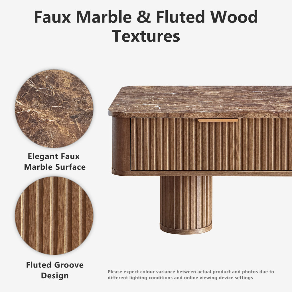 Win2win Fluted Coffee Table with Storage, Mid Century Modern Coffee Table with Faux Marble Top, Minimalist Rectangle Center Table with Sculptural Pedestal Legs & Drawers for Living Room/Office, Walnut Visit the win2win Store