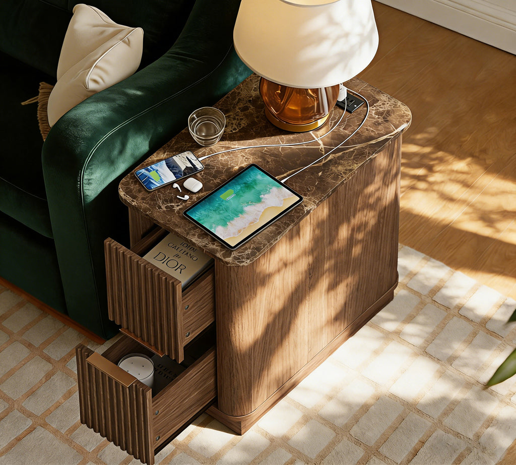 WIN2WIN Narrow End Table with Charging Station, Fluted Side Table with Faux Marble Top, Skinny Mid-Century Modern Nightstand, Small Bedside Table with Drawers & Storage for Living Room Bedroom, Walnut