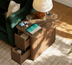 WIN2WIN Narrow End Table with Charging Station, Fluted Side Table with Faux Marble Top, Skinny Mid-Century Modern Nightstand, Small Bedside Table with Drawers & Storage for Living Room Bedroom, Walnut