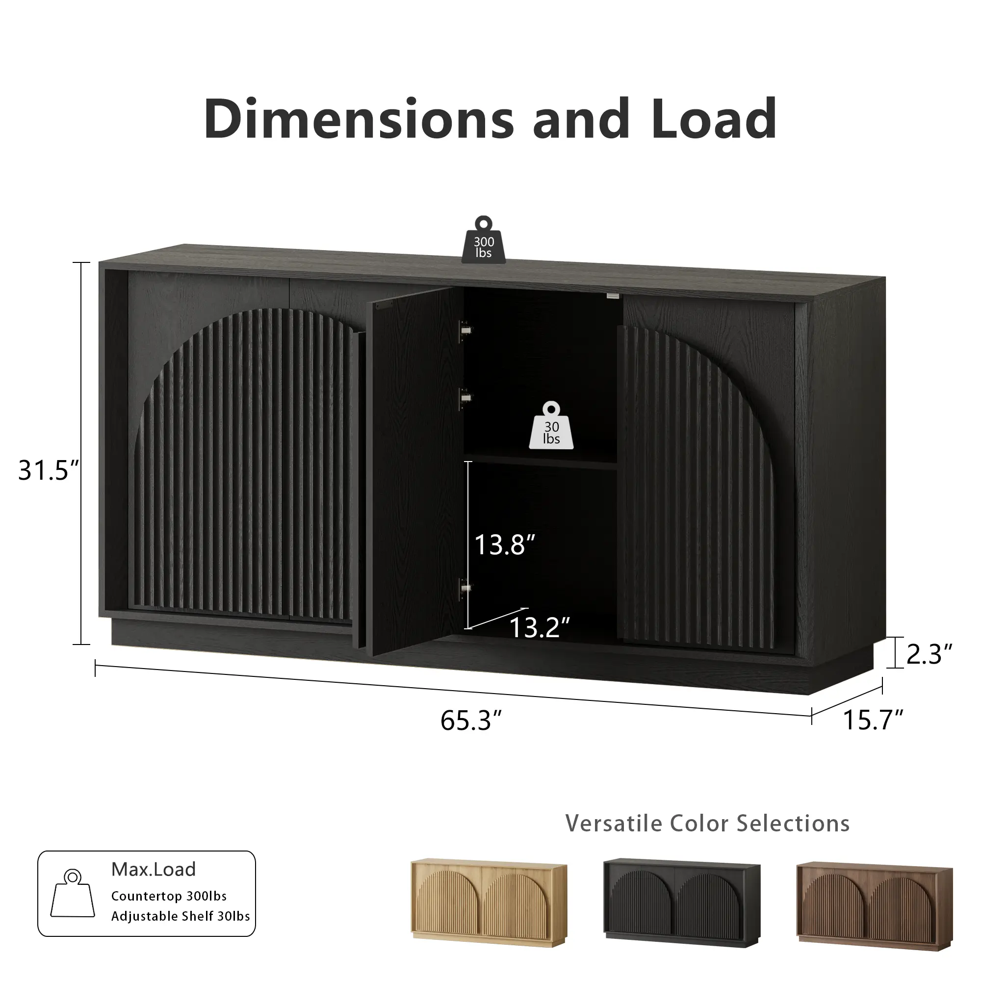 Win2Win Fluted 4-Door Sideboard Buffet Cabinet – 65" Black win2win