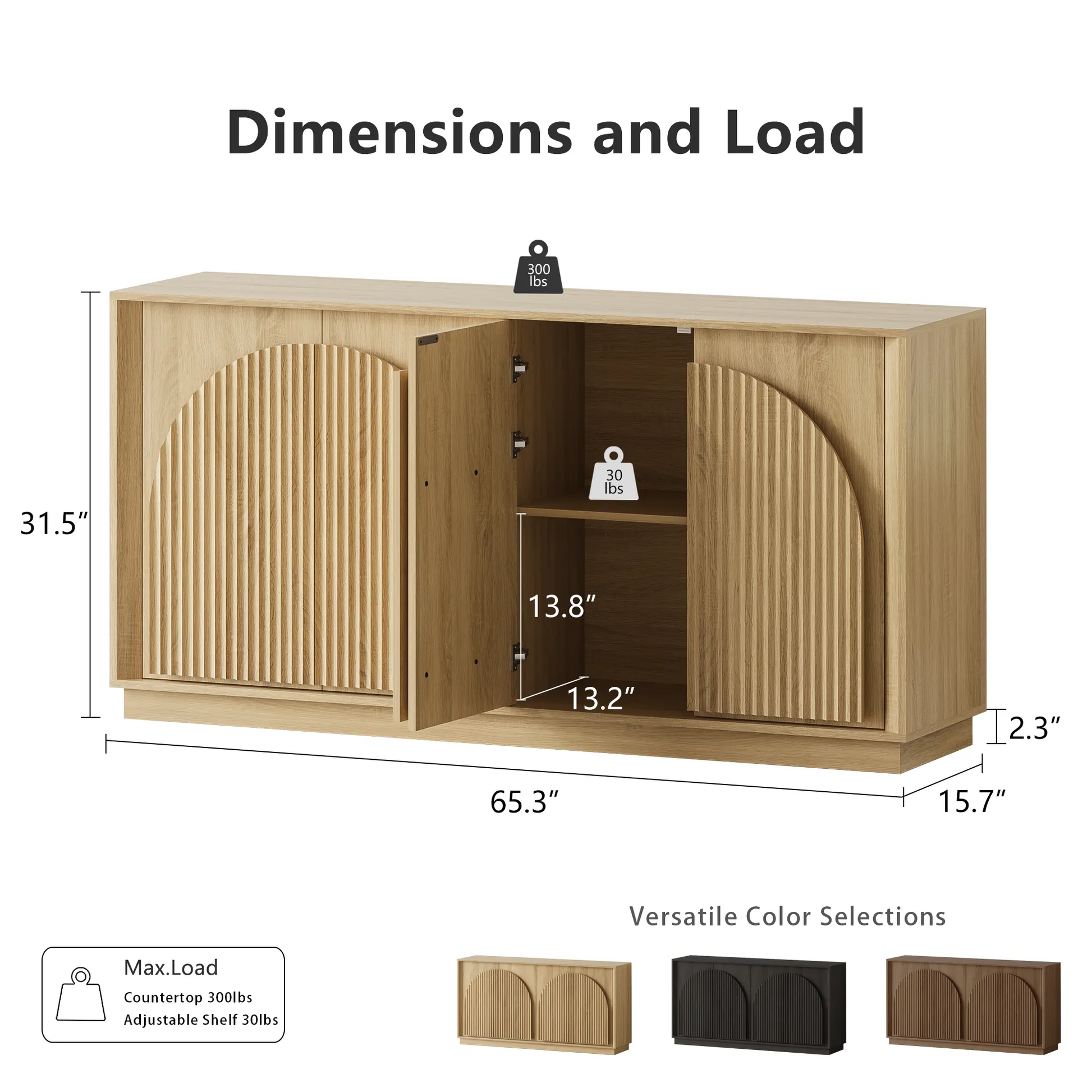 Win2Win Fluted 4-Door Sideboard Buffet Cabinet – 65" Oak win2win